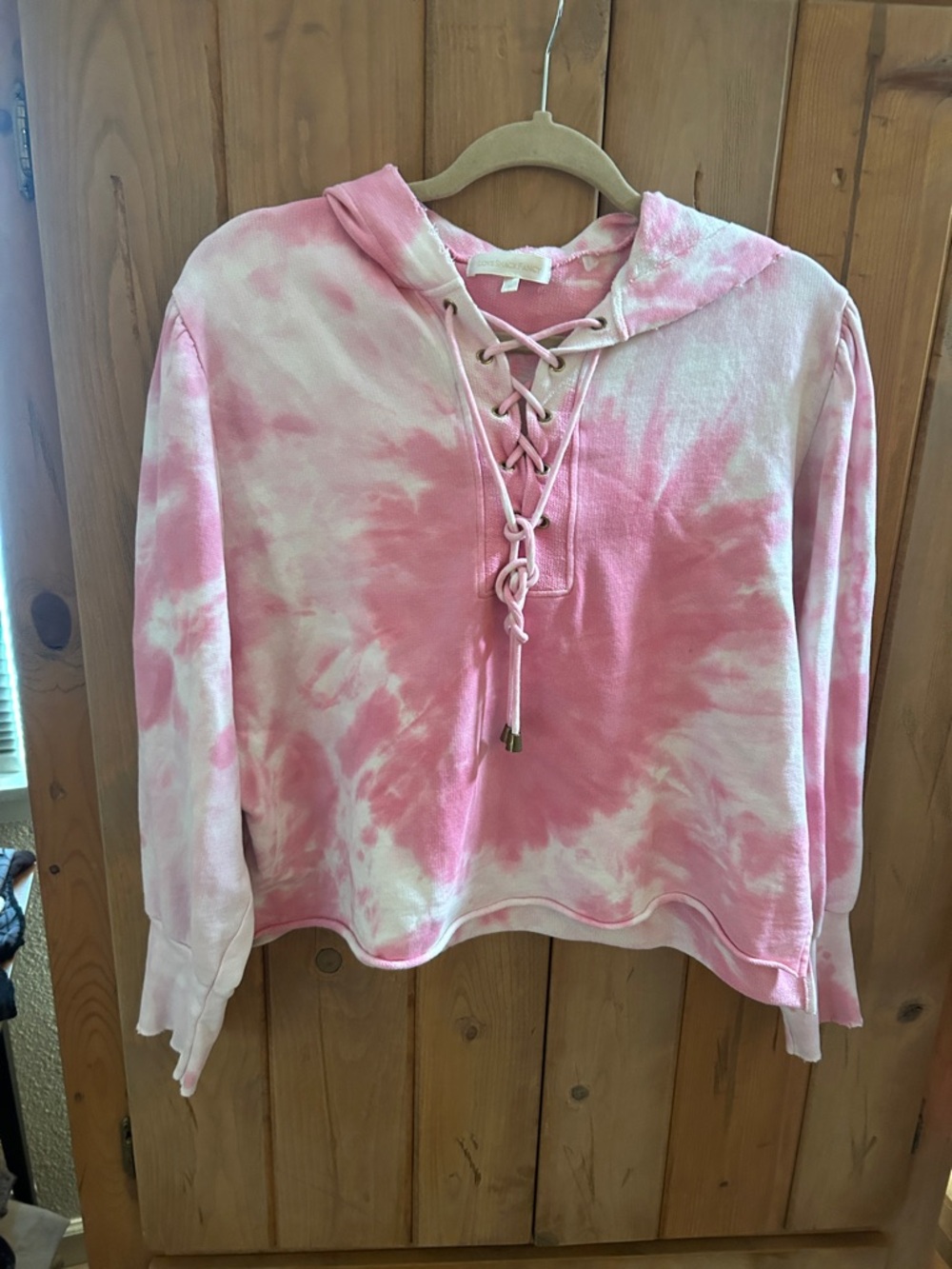 LoveShackFancy Pink and White Tie-Dye Distressed Hoodie